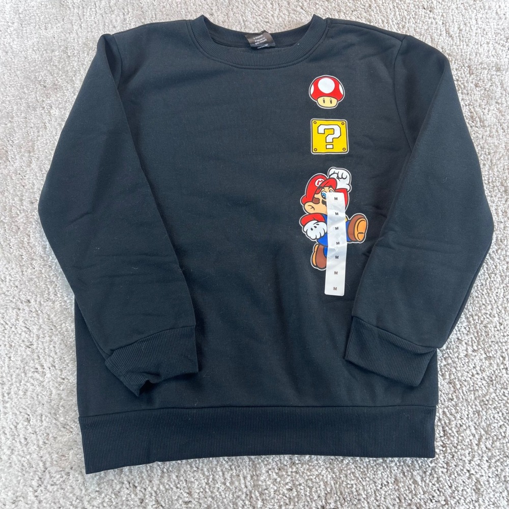 Mad Engine Super Mario Kids Black Fleece Sweatshirt Size M NWT